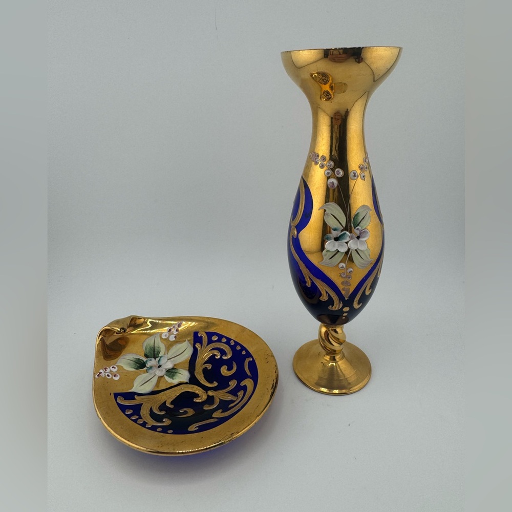 Vintage Bohemian Gold and Blue Floral Vase‎ and Dish Set